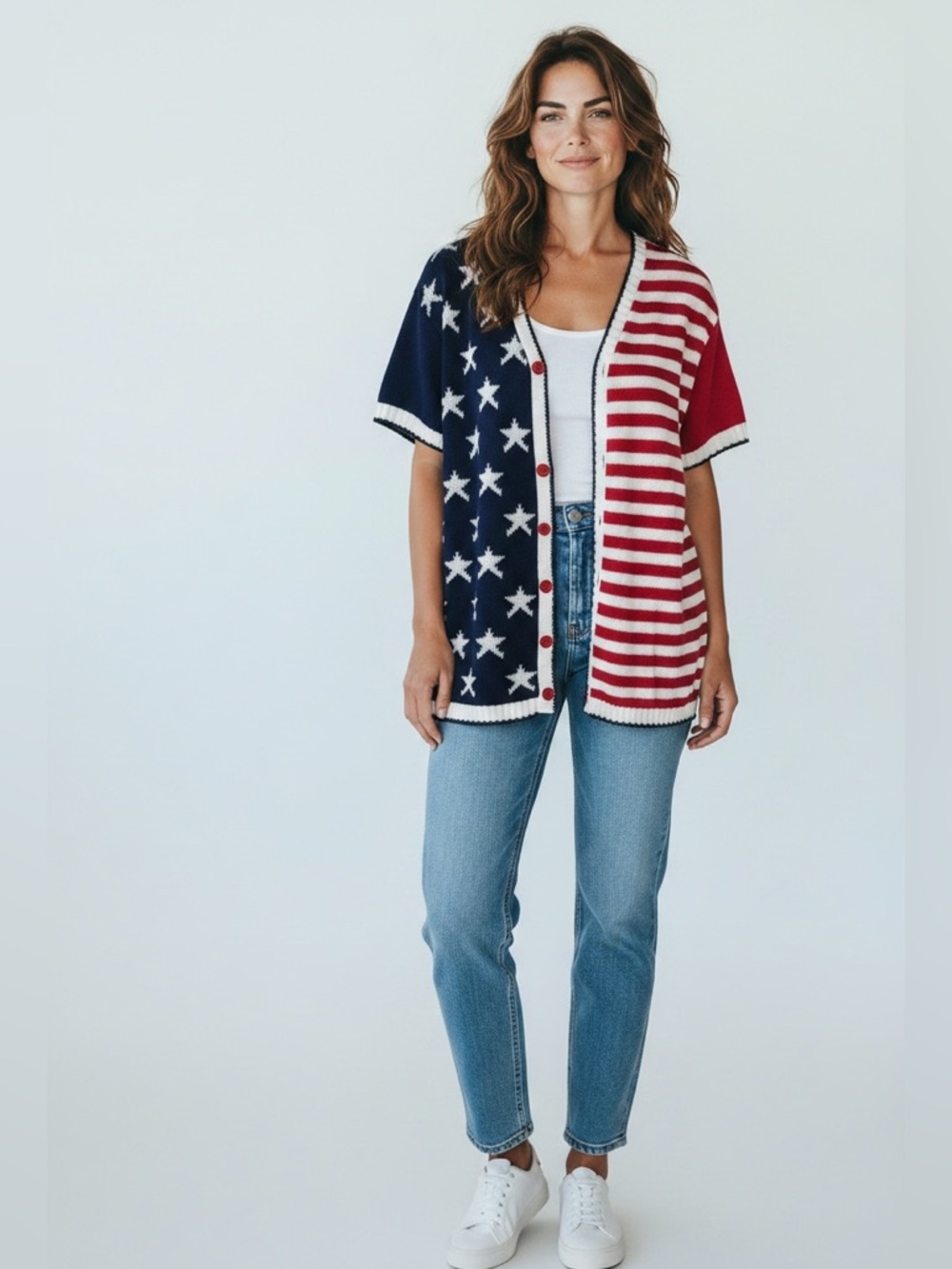 Vintage Paradise Bay Womens Size L Short Sleeve Patriotic American Flag Cardigan